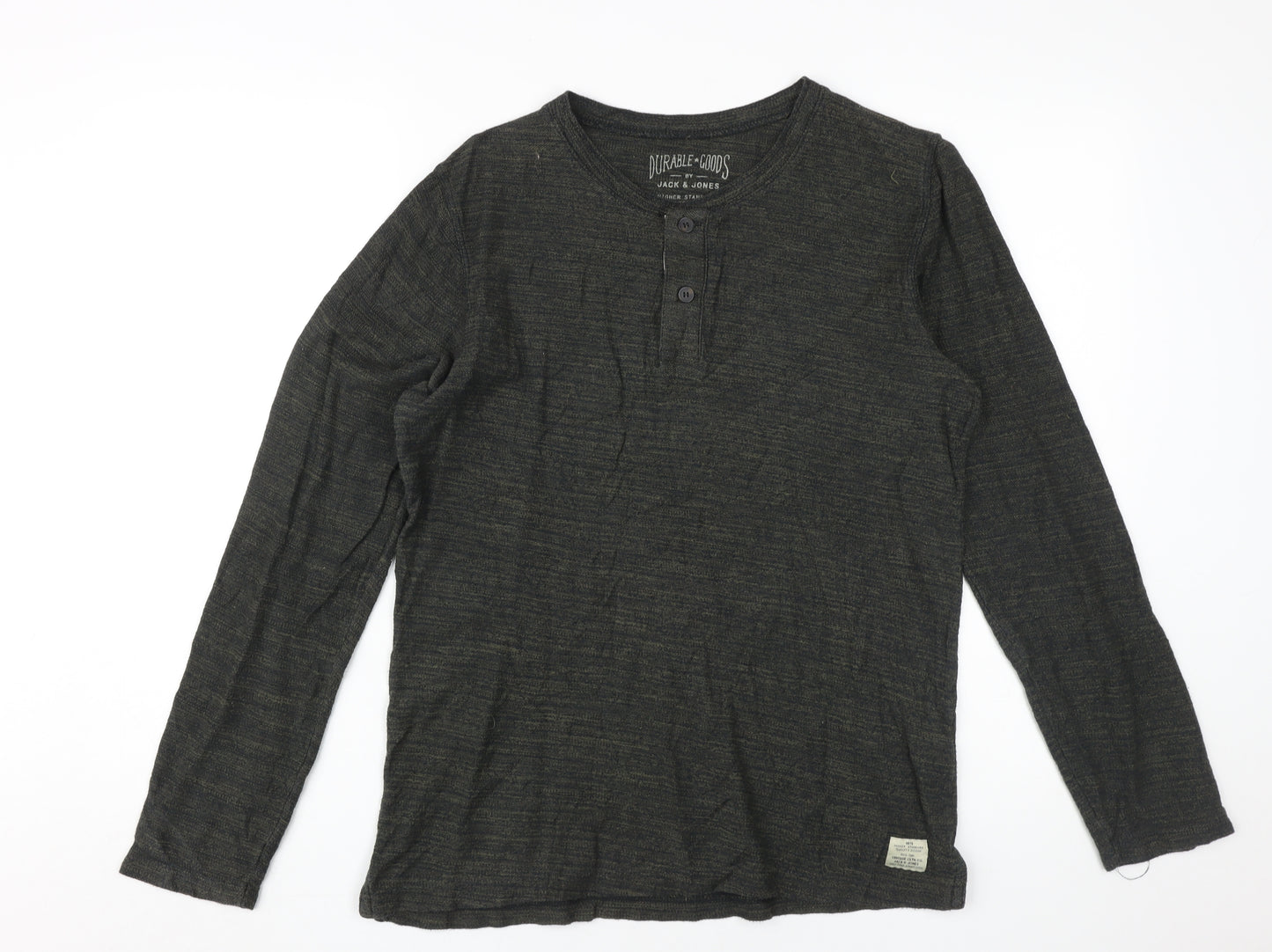 Jack & Jones Men's Black Cotton Henley T-Shirt, Medium