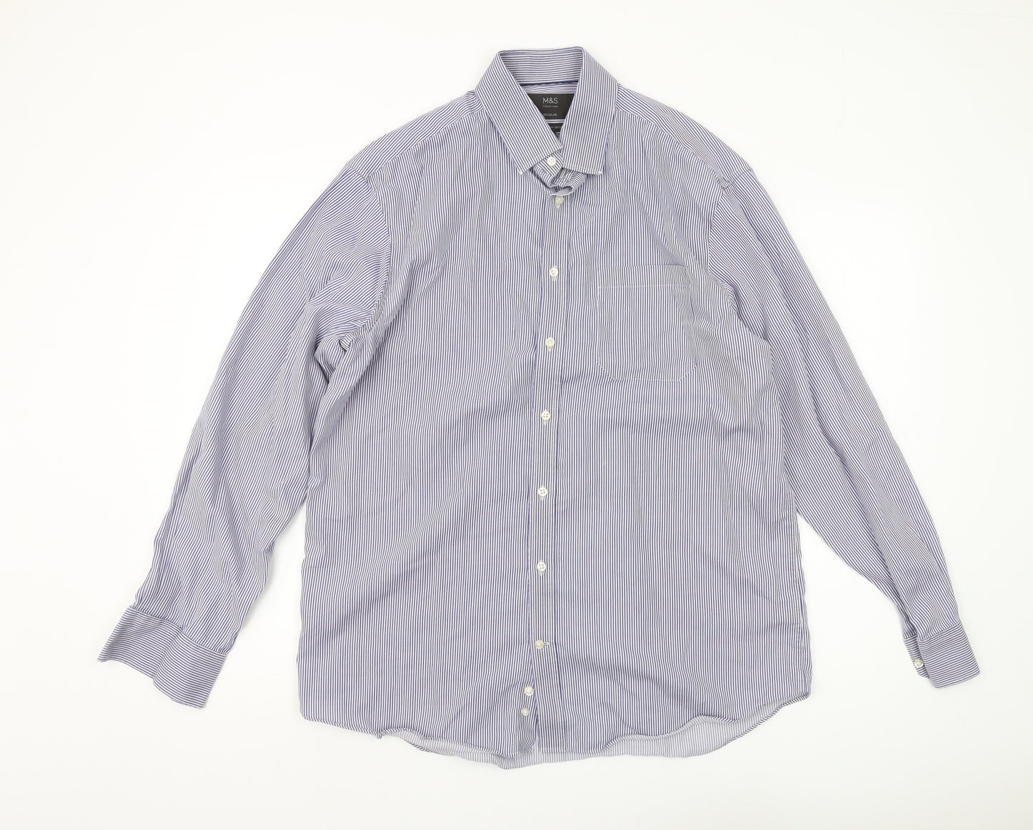 Marks and Spencer Men's Blue Striped Regular Fit Shirt 42
