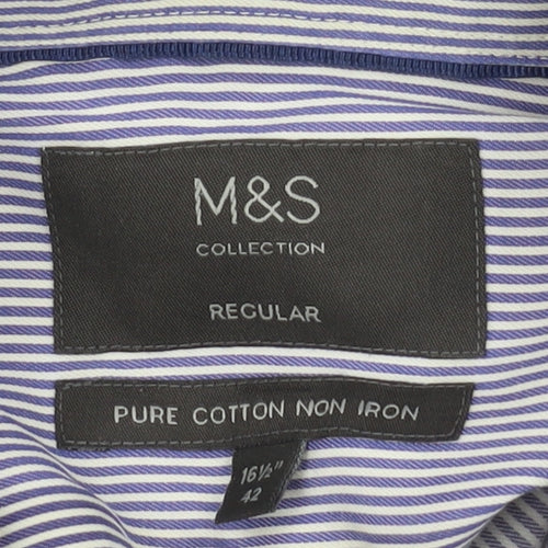 Marks and Spencer Men's Blue Striped Regular Fit Shirt 42