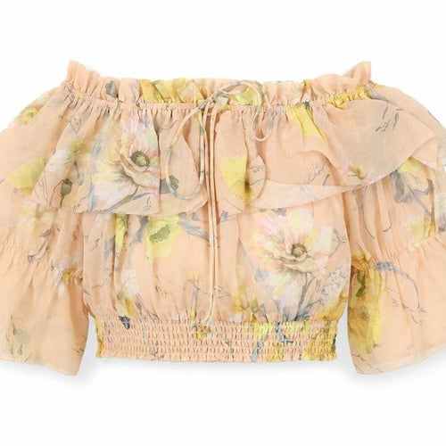 H&M Women's Beige Floral Off Shoulder Cropped Blouse Size 10