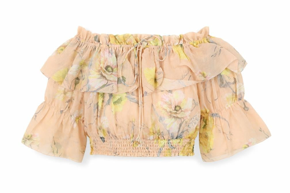 H&M Women's Beige Floral Off Shoulder Cropped Blouse Size 10