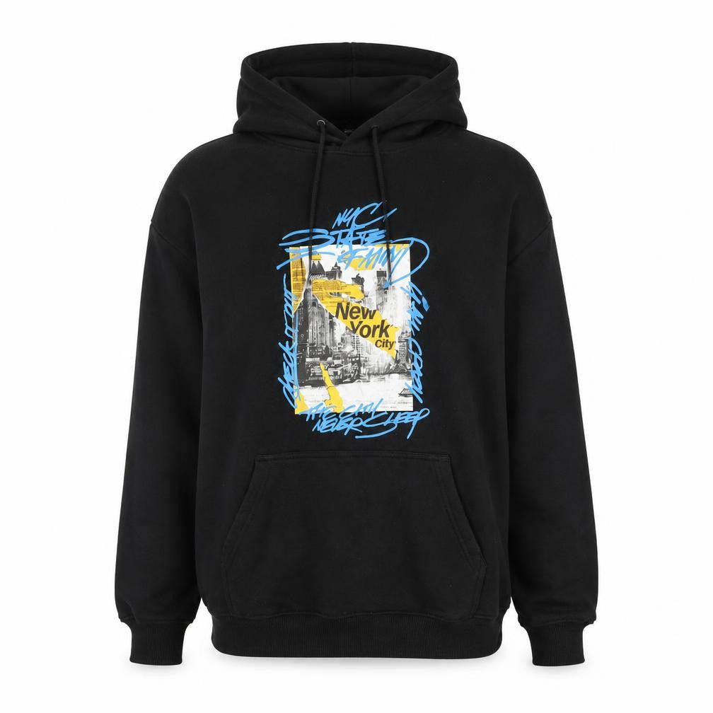Front view of H&M Men's Black Graphic Pullover Hoodie M