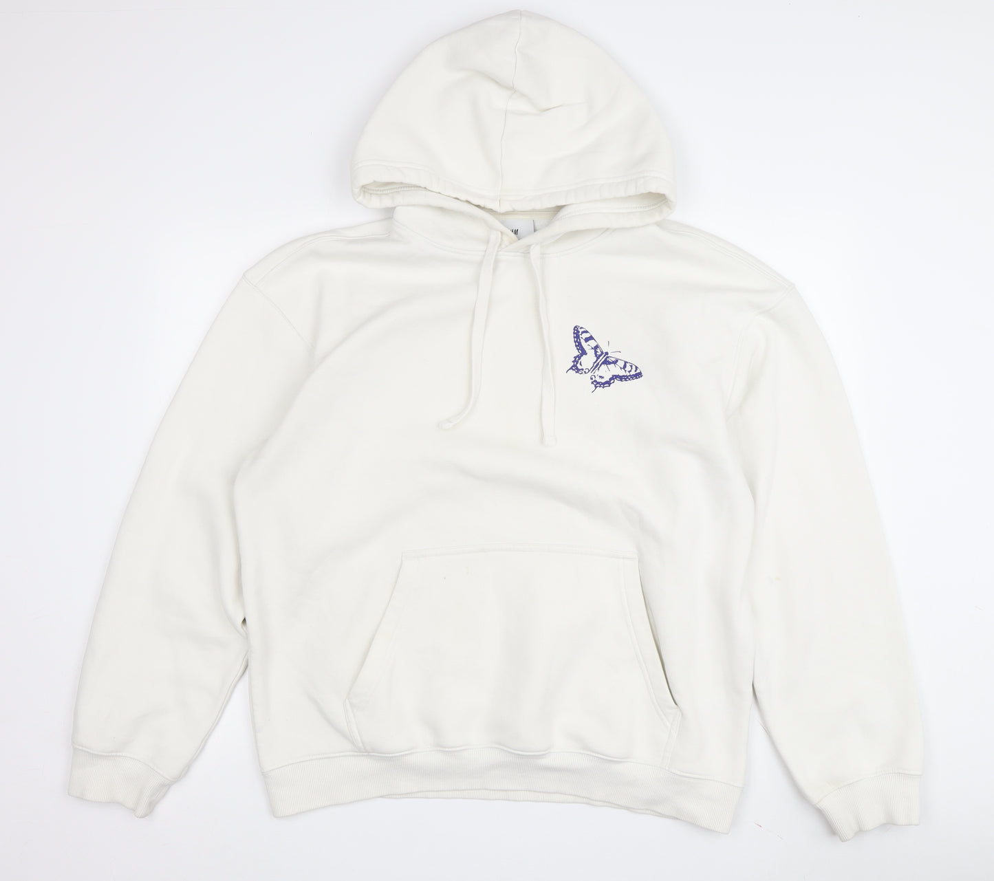 H&M Unisex White Pullover Hoodie, Size M, Relaxed Fit