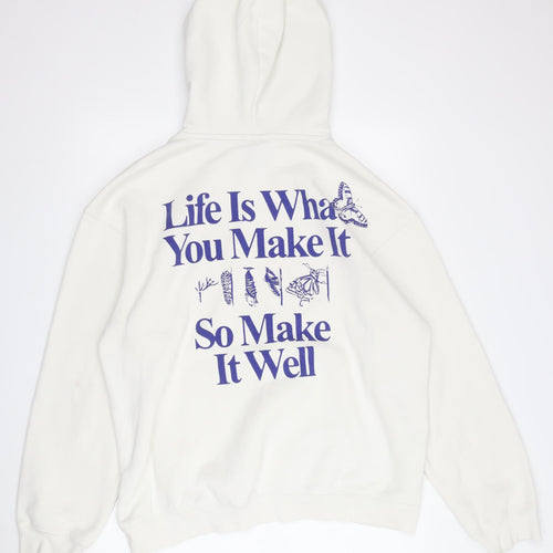 H&M Unisex White Pullover Hoodie, Size M, Relaxed Fit
