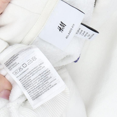 H&M Unisex White Pullover Hoodie, Size M, Relaxed Fit