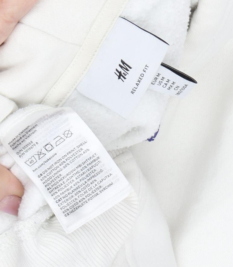 H&M Unisex White Pullover Hoodie, Size M, Relaxed Fit