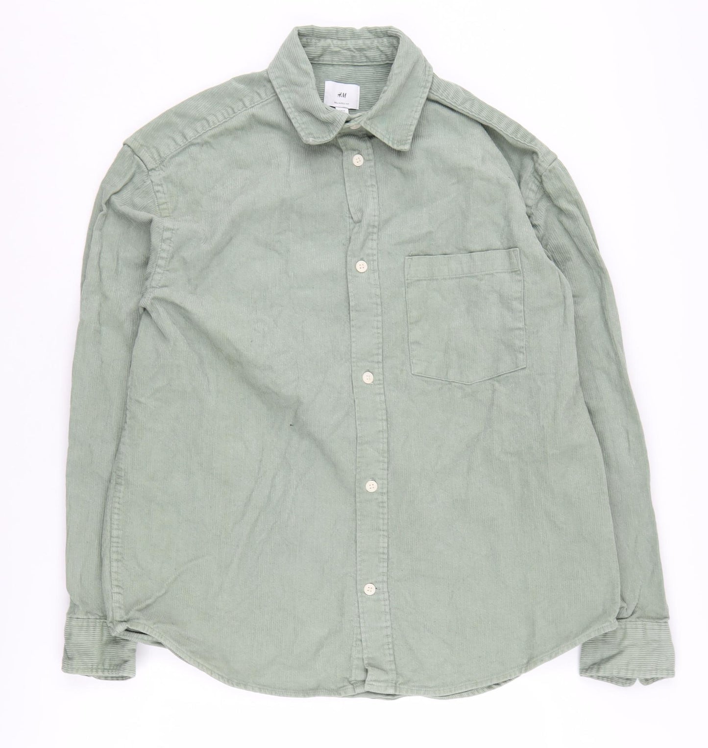 H&M Mens Green Relaxed Fit Corduroy Shirt M