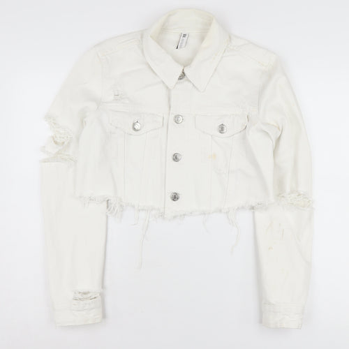 Zara Women's White Cotton Cropped Denim Jacket, S, Casual