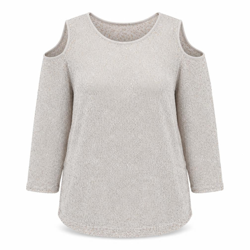 Front view of Alfani Women's Beige Cold Shoulder Pullover M