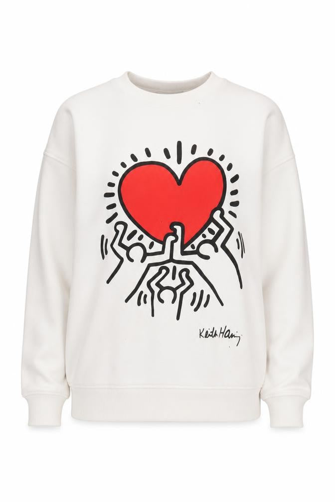 Front view of Keith Haring Women's White Graphic Pullover Sweatshirt 2XS