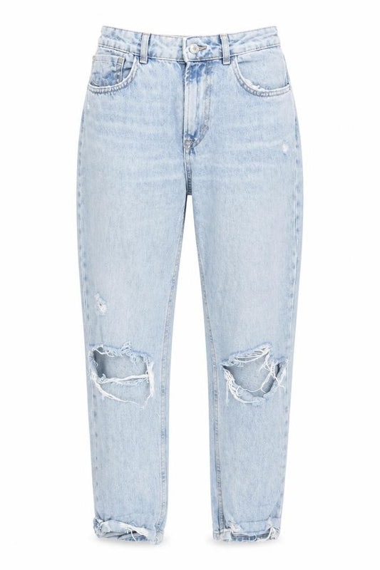Front view of Zara Women's Light Blue Mom Jeans, size 2, Distressed