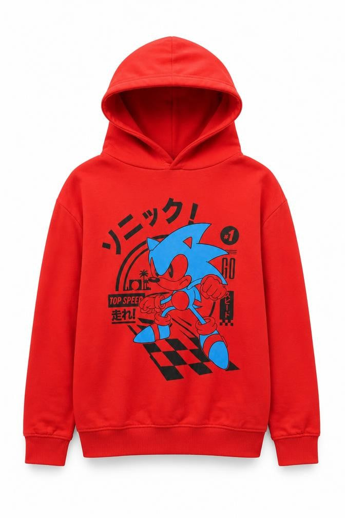Front view of SEGA boys’ red sonic hoodie 10-11 years pullover graphic