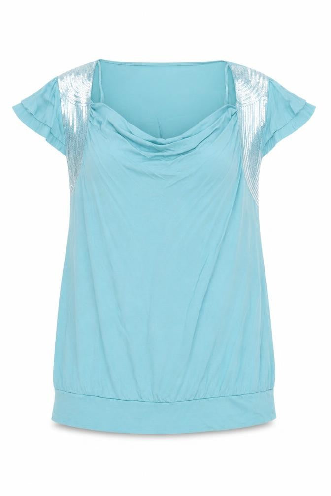 Front view of Jasper Conran Women's Blue Sequin Cowl Neck Blouse -, size 18
