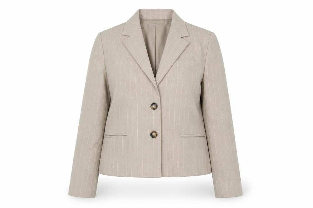 Front view of Mango Women's Beige Blazer, size 12, Pinstripe Classic Fit
