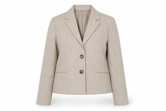 Front view of Mango Women's Beige Blazer, size 12, Pinstripe Classic Fit