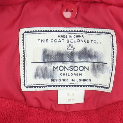 Monsoon Girls Red Puffer Jacket 3-4 Years Cozy Winter Coat