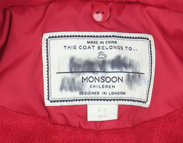 Monsoon Girls Red Puffer Jacket 3-4 Years Cozy Winter Coat