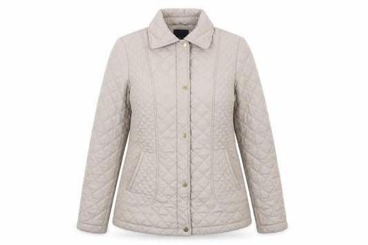 Front view of Betty Kay Women's Beige Quilted Jacket, size 10
