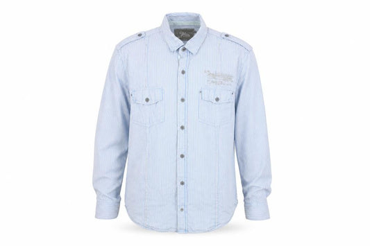Front view of RiSD Men's Blue Striped Button-Up Shirt, size L