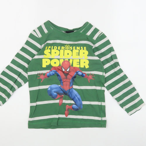 H&M Boys Green Striped Spiderman T-Shirt, 4-5 Years