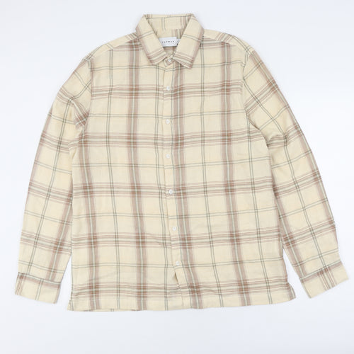 Topman Men's Beige Checked Button-Up Shirt M