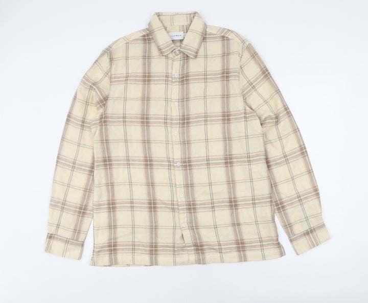 Topman Men's Beige Checked Button-Up Shirt M