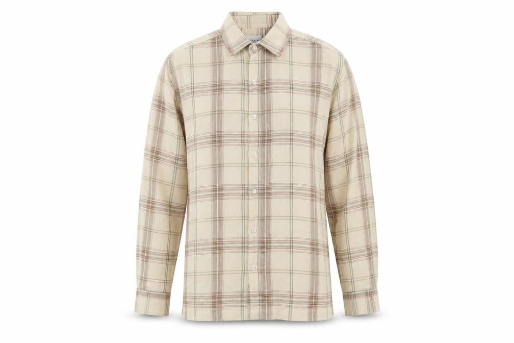 Front view of Topman Men's Beige Checked Button-Up Shirt M