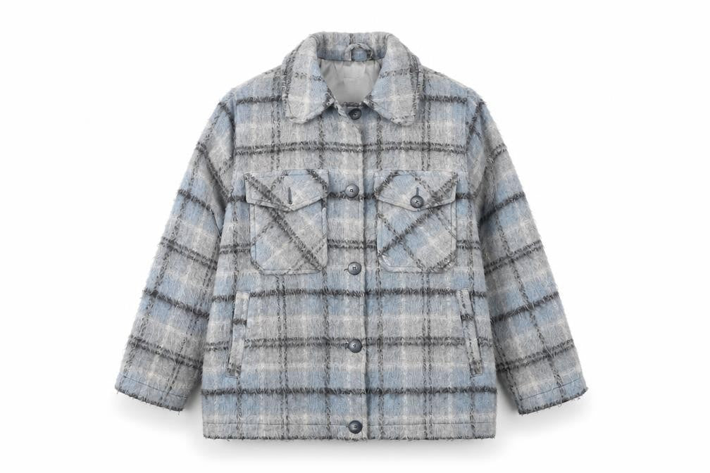 Front view of Topshop Women's Blue Plaid Jacket Medium
