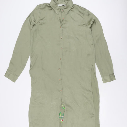 Zara Woman Green Floral Embroidered Silk Shirt Dress XS