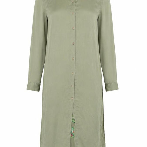 Zara Woman Green Floral Embroidered Silk Shirt Dress XS