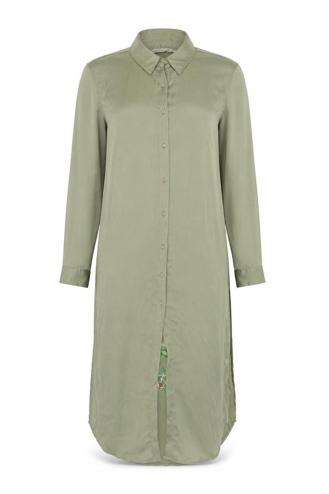 Zara Woman Green Floral Embroidered Silk Shirt Dress XS