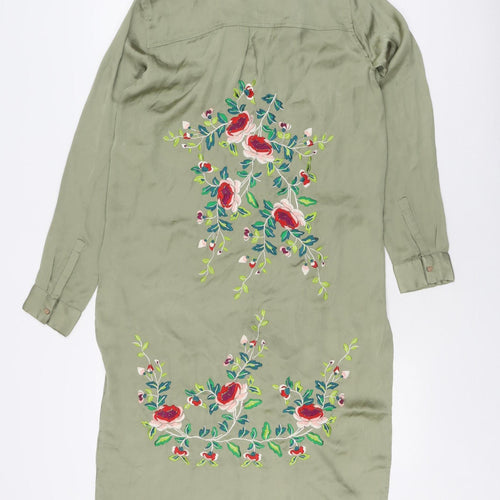 Zara Woman Green Floral Embroidered Silk Shirt Dress XS