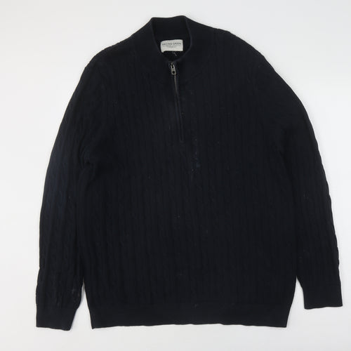 Racing Green Men's Black Full Zip Cable-Knit Jumper L