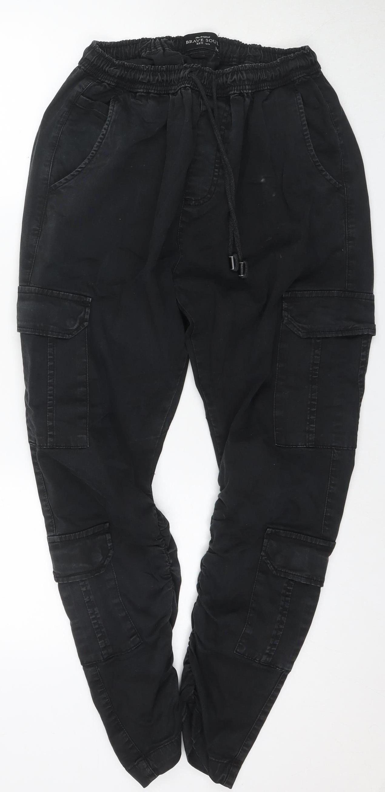 Brave Soul Men's Black Cargo Trousers, Size 34