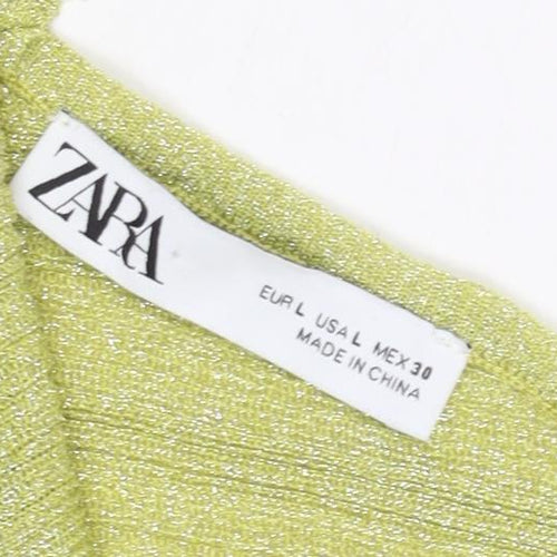 Zara Women's Green Slip Dress L - Casual Metallic Shine