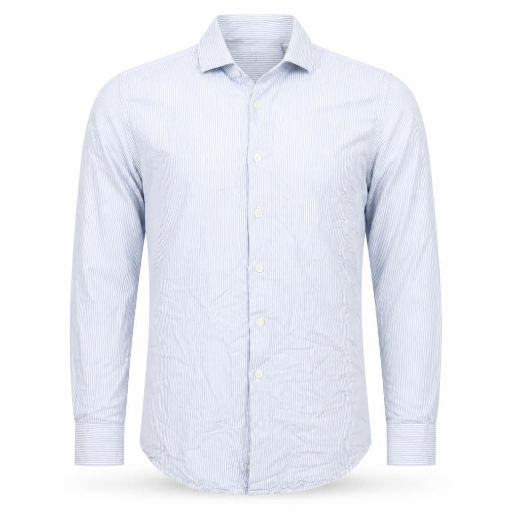 Front view of West End Blue Striped Long Sleeve Polo for Men, size 16