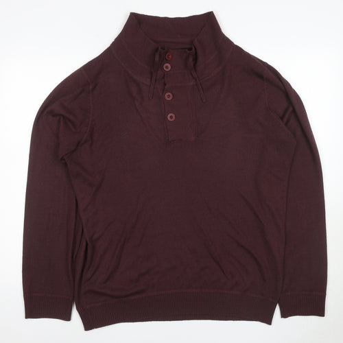 New Look Men's Brown Henley Jumper L, High Neck, Button Accent