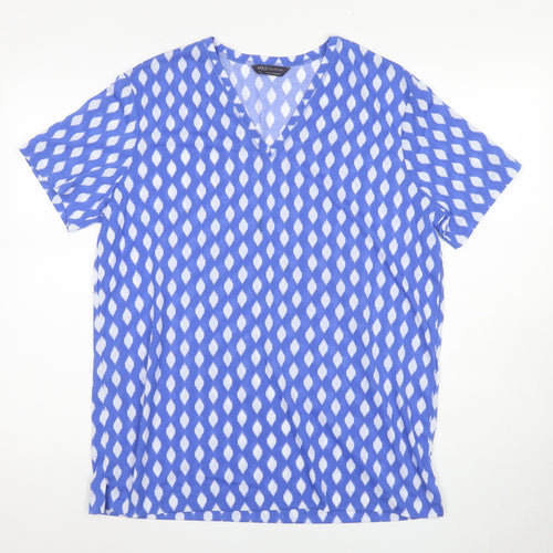 M&S Women's Blue Geometric V-Neck T-Shirt Size 14