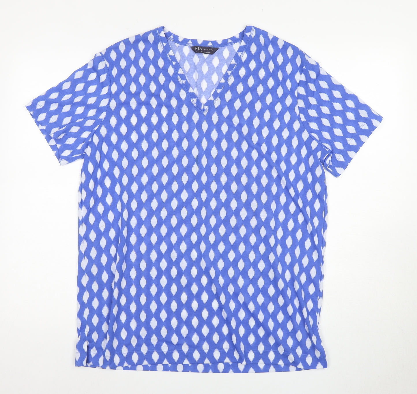 M&S Women's Blue Geometric V-Neck T-Shirt Size 14