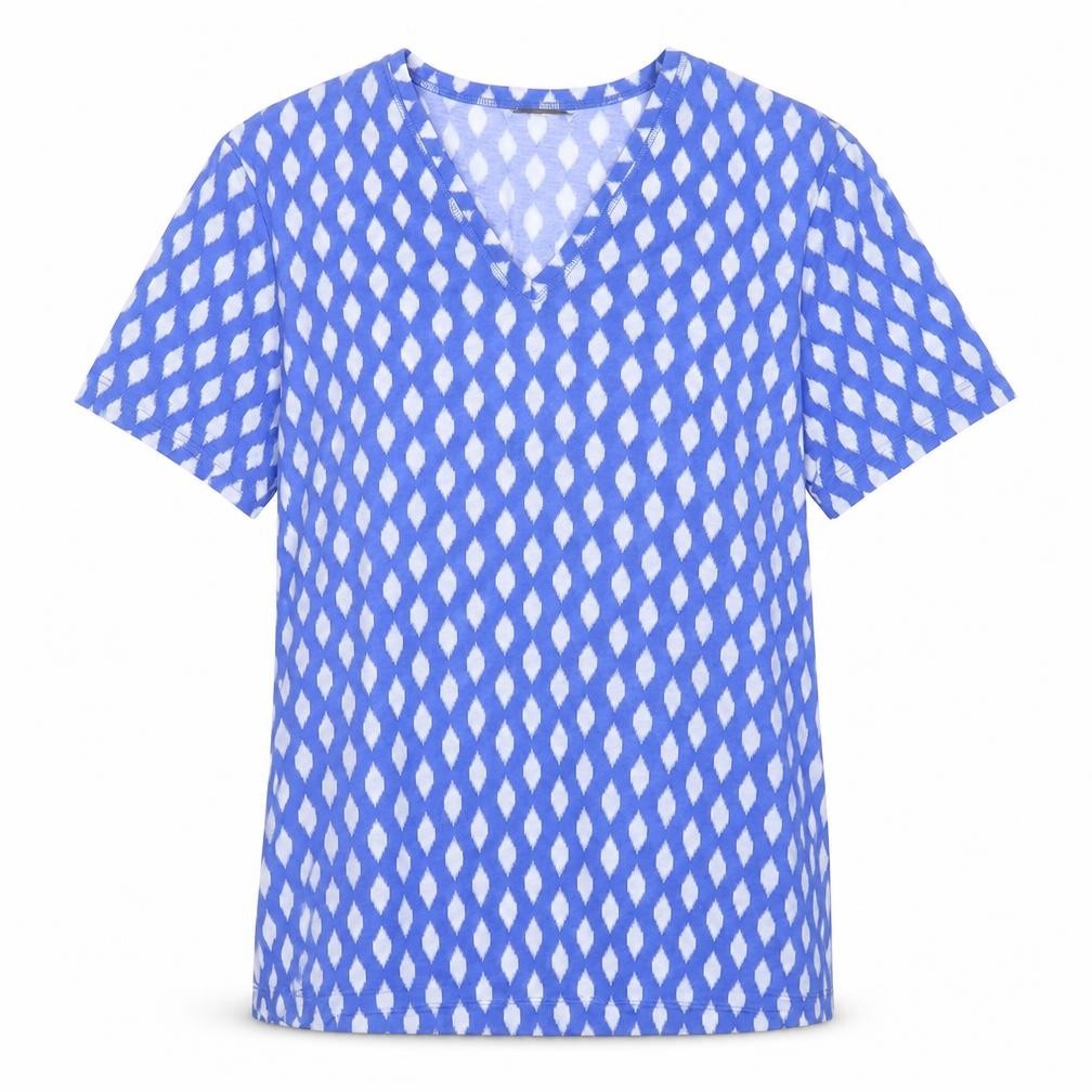 Front view of Marks & Spencer Women's Blue Geometric V-Neck T-Shirt, size 14