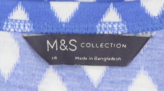 M&S Women's Blue Geometric V-Neck T-Shirt Size 14