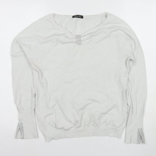 Nuna Lie Women's White V-Neck Sequin Long Sleeve Knit Top Size L