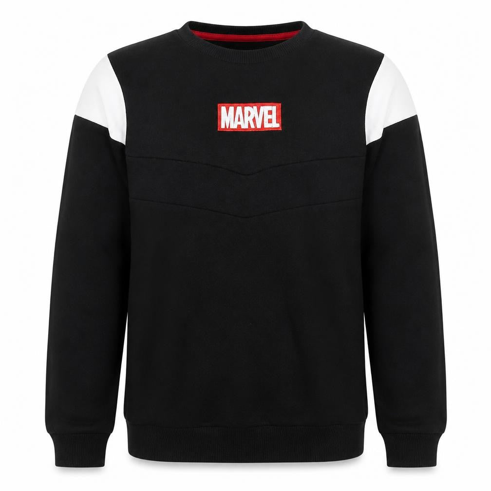 Front view of Marvel boys’ black xs pullover sweatshirt with logo accent