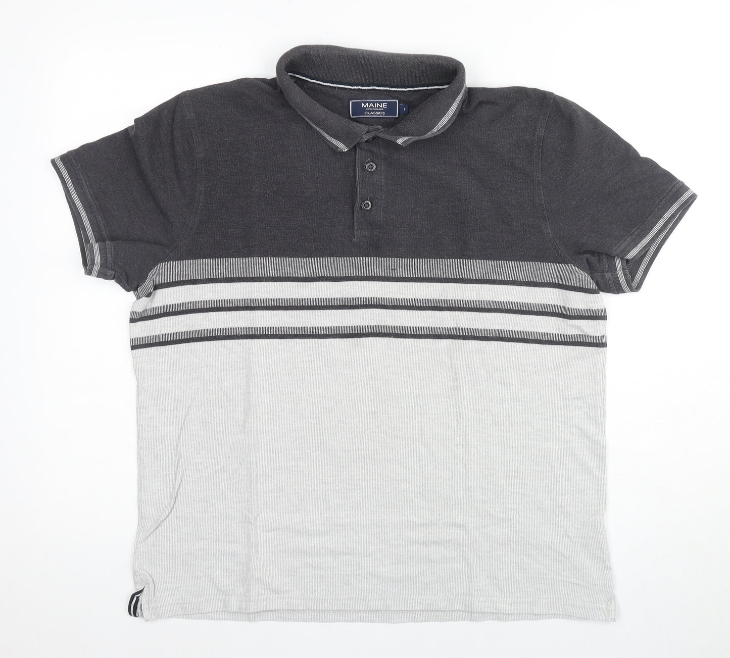 Maine New England Men's Grey Striped Polo Size L