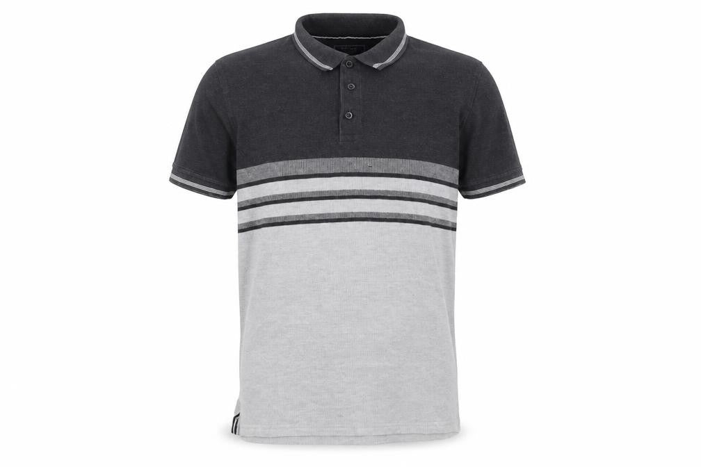 Front view of Maine New England Men's Grey Striped Polo, size L