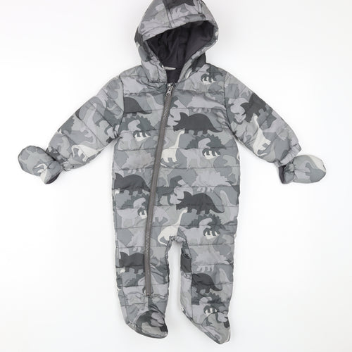 Next Unisex Baby Grey Dinosaur Puffer Snowsuit 6-9 Months