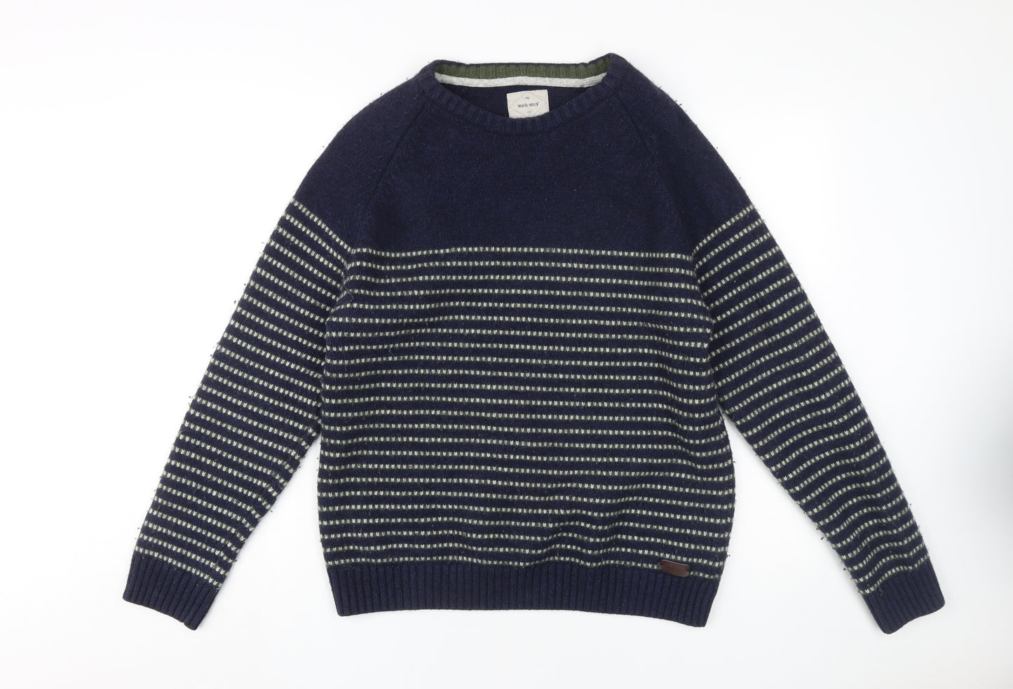 White Stuff Men's Blue Striped Pullover Jumper - Medium