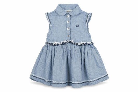 Front view of Calvin Klein girls’ blue chambray shirt dress, 3-4 years, casual