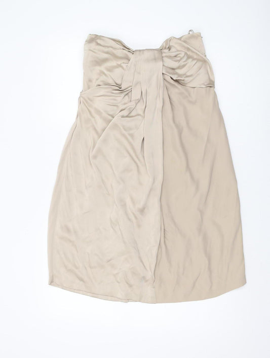 Front view of AllSaints Women's Beige Silk Strapless Dress, Bow Accent