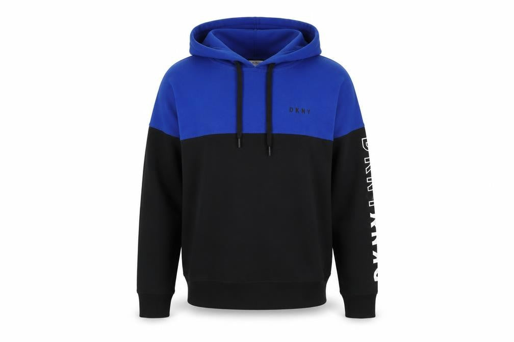 Front view of DKNY unisex blue pullover hoodie xs with logo